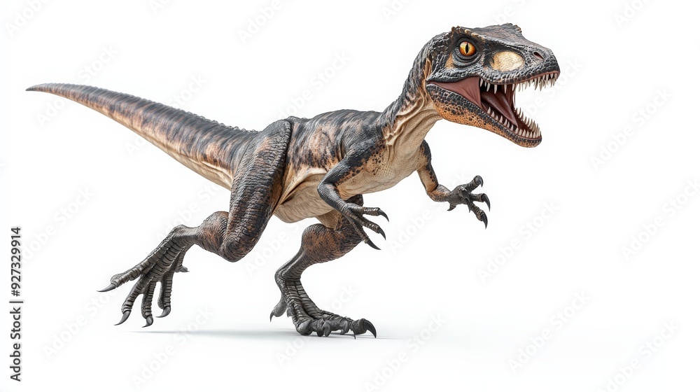Photo of a fierce velociraptor dinosaur roaring with sharp teeth and claws, on a white background. Perfect for educational and artistic use. Photo of a fierce velociraptor dinosaur roaring with sharp teeth and claws, on a white background. Perfect for educational and artistic use.
