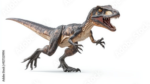 Photo of a fierce velociraptor dinosaur roaring with sharp teeth and claws, on a white background. Perfect for educational and artistic use.