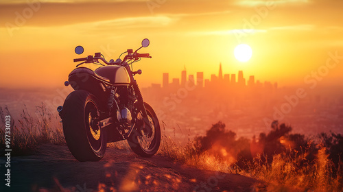 A motorbike parked at the top of a hill, with the city skyline visible in the distance and the sun setting behind it.


