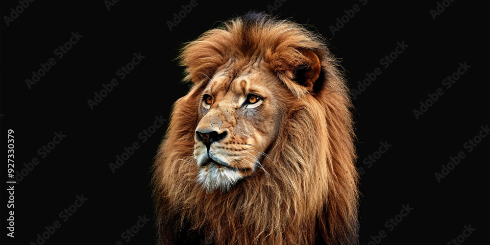Muzzle of large wild predatory lion with mane on dark background
Muzzle of large wild predatory lion with mane on dark background
