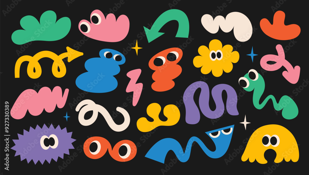 Abstract comic cute funny shapes, characters with eyes, frame, in trendy retro Groovy, Y2K style, Vintage. Colored isolated on black background label, sticker, elements. Flat Vector Illustration EPS10 Abstract comic cute funny shapes, characters with eyes, frame, in trendy retro Groovy, Y2K style, Vintage. Colored isolated on black background label, sticker, elements. Flat Vector Illustration EPS10