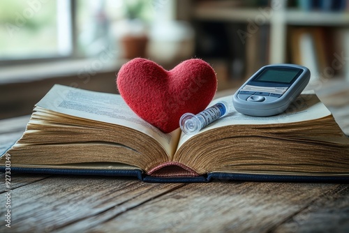 Red heart, insulin syringe, and glucometer on open book, symbolizing diabetes care. photo