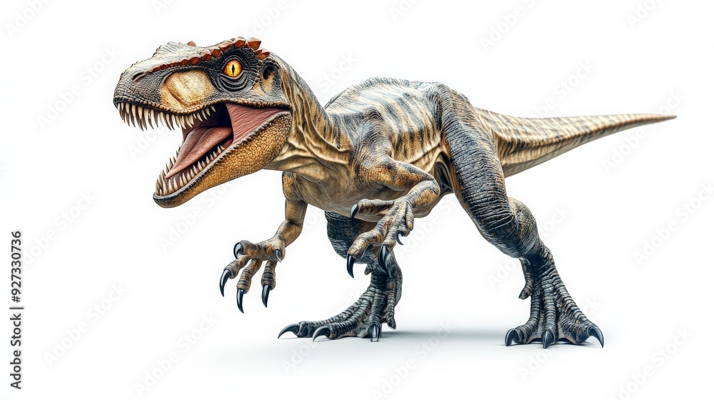 Realistic 3D rendering of a fierce dinosaur, a velociraptor, with intricate detailing, poised to strike on a white background. Realistic 3D rendering of a fierce dinosaur, a velociraptor, with intricate detailing, poised to strike on a white background.
