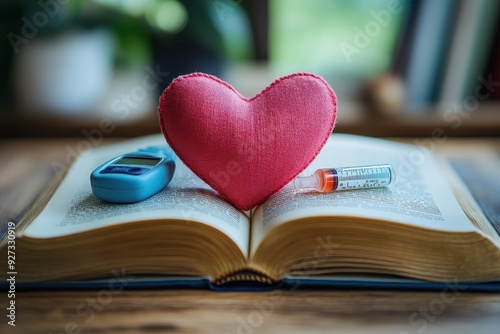 Red heart, insulin syringe, and glucometer on open book, symbolizing diabetes care. photo