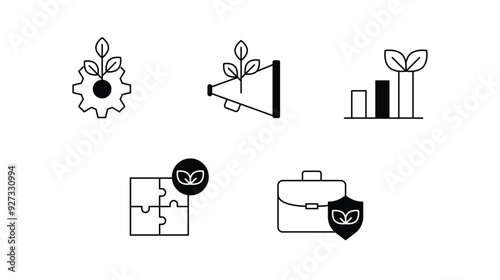 Icons showcasing the essentials of sustainable growth and green business strategies, focusing on eco-driven marketing, secure operations, and the overall commitment to integrating sustainability.