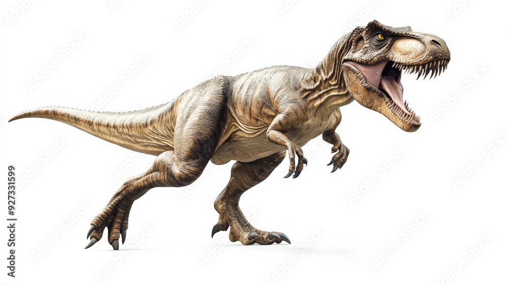 Naklejka premium Realistic 3D rendering of a roaring Tyrannosaurus Rex dinosaur on a white background, showcasing its powerful build and sharp teeth.