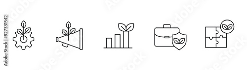 A set of icons representing sustainable business practices, focusing on eco-friendly operations, green marketing, growth, and secure business solutions. photo