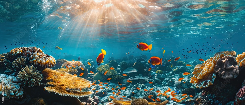 Obraz premium Vibrant underwater scene, tropical fish swimming over a coral reef.