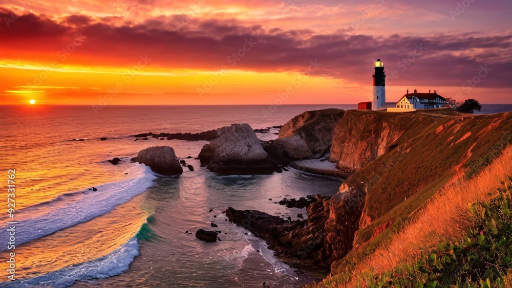 Fototapeta premium Coastal Sunset with Distant Lighthouse Glow