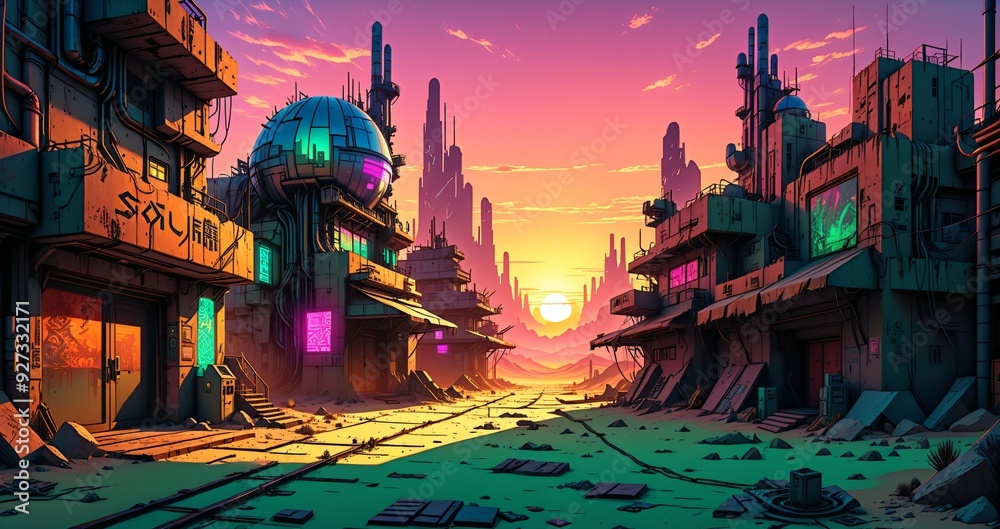 Naklejka premium cyberpunk desert wasteland city sunset. post apocalyptic sci-fi lo-fi town futuristic buildings and skyscrapers. landscape with mountains in horizon.