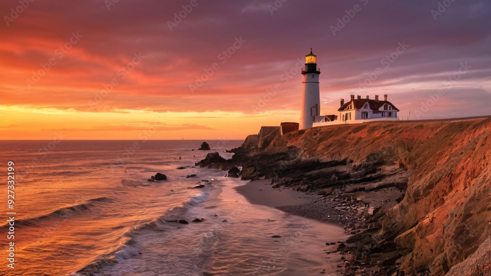 Naklejka premium Coastal Sunset with Distant Lighthouse Glow