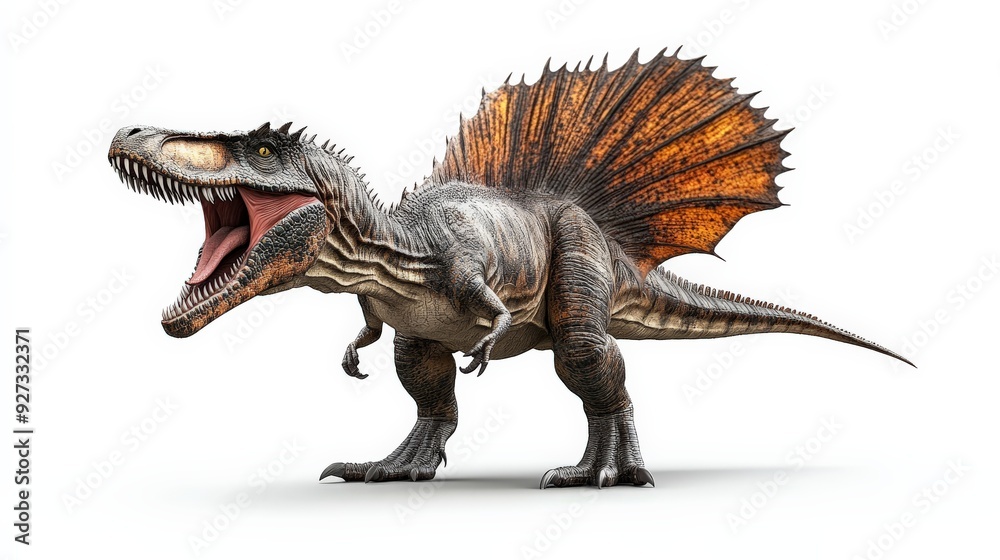 Realistic depiction of a roaring Spinosaurus, showcasing detailed textures and vibrant colors, isolated on a clean white background. Realistic depiction of a roaring Spinosaurus, showcasing detailed textures and vibrant colors, isolated on a clean white background.