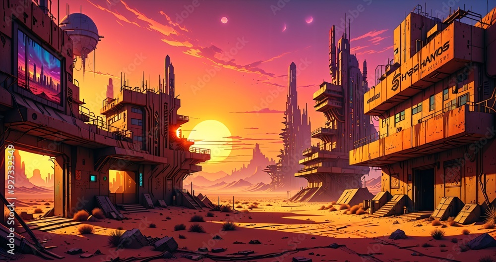 Naklejka premium cyberpunk desert wasteland city sunset. post apocalyptic sci-fi lo-fi town futuristic buildings and skyscrapers. landscape with mountains in horizon.