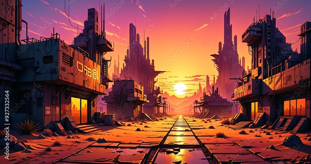 Naklejka premium cyberpunk desert wasteland city sunset. post apocalyptic sci-fi lo-fi town futuristic buildings and skyscrapers. landscape with mountains in horizon.