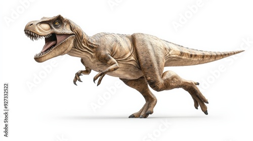Realistic depiction of a roaring T-Rex dinosaur running, isolated on a white background. Perfect for educational and entertainment purposes.