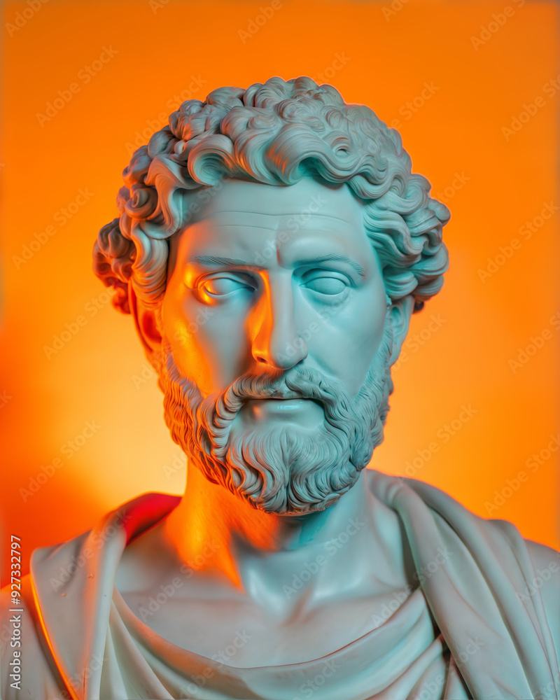 Bust of a classical figure illuminated with vibrant orange and teal lighting, highlighting the intricate details of the sculpture against a vivid background. Generative AI Bust of a classical figure illuminated with vibrant orange and teal lighting, highlighting the intricate details of the sculpture against a vivid background. Generative AI