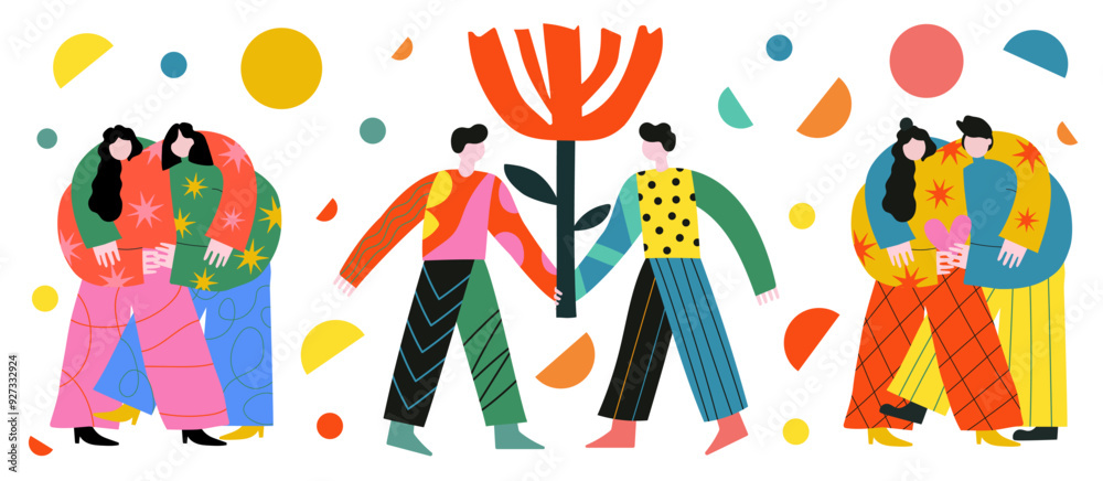Vector illustration with friends or couple man and woman support each other, hug and hold big red flower. Mental health, communication, relationships concept art. Vector illustration with friends or couple man and woman support each other, hug and hold big red flower. Mental health, communication, relationships concept art.