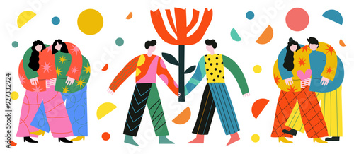 Vector illustration with friends or couple man and woman support each other, hug and hold big red flower. Mental health, communication, relationships concept art.