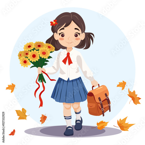 Cute funny schoolgirl with flowers goes to school