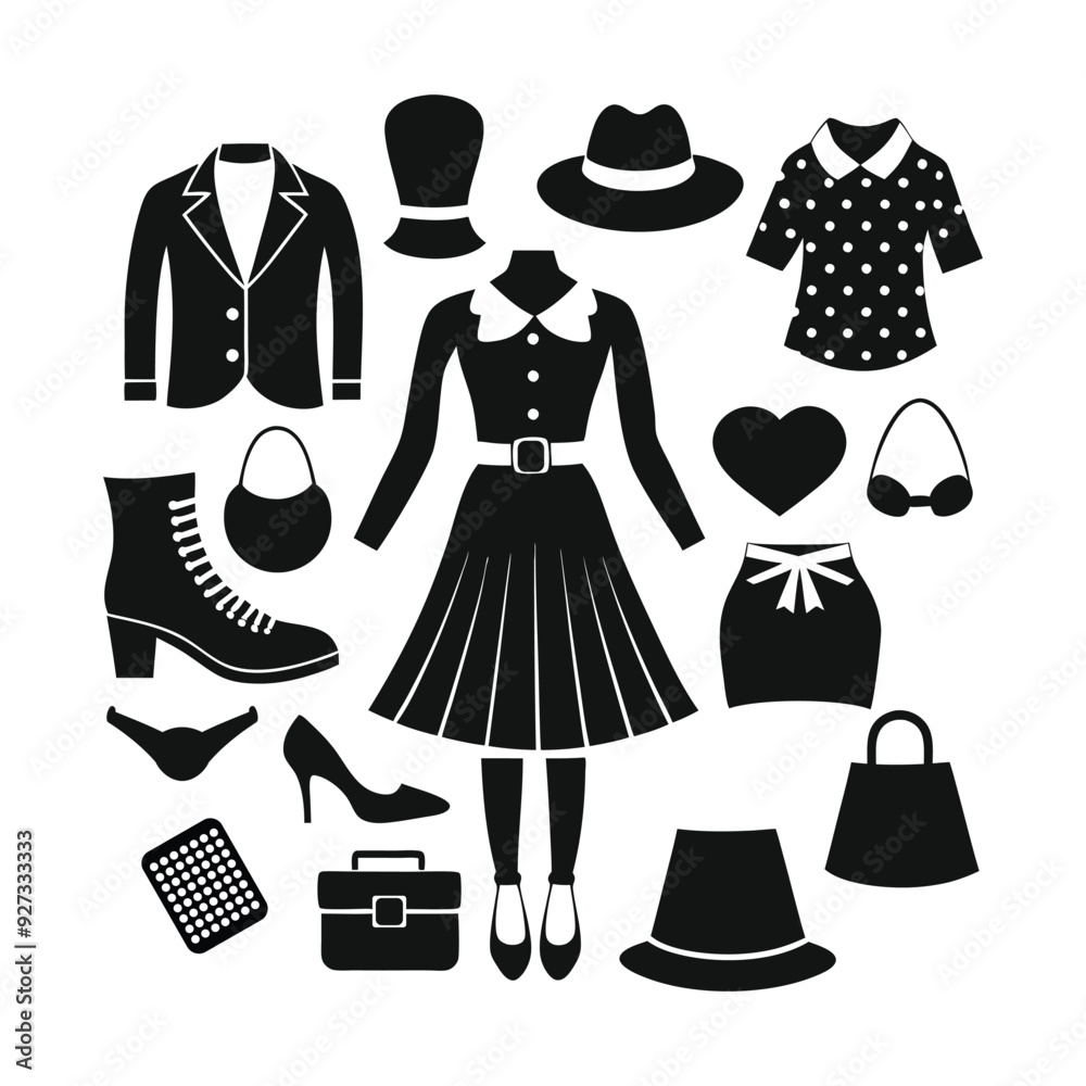 Fashion icon set vector with clothing and accessory silhouettes, perfect for branding or design. Fashion icon set vector with clothing and accessory silhouettes, perfect for branding or design.