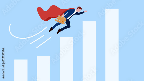 Boosting business growth through innovation and rapid development, akin to a rocket or firework launching a startup, driven by ambition and a winning concept, as depicted by a businessman soaring high