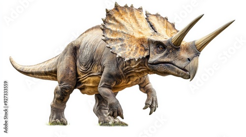 Realistic illustration of a triceratops dinosaur with detailed texture on a white background. Prehistoric animal, perfect for educational materials.