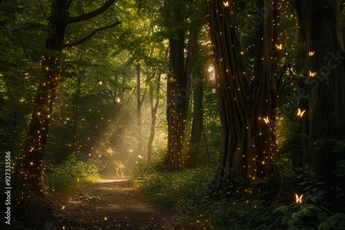 Serene woodland scene with a path lit by the glow of fireflies at dusk, evoking mystery and wonder
