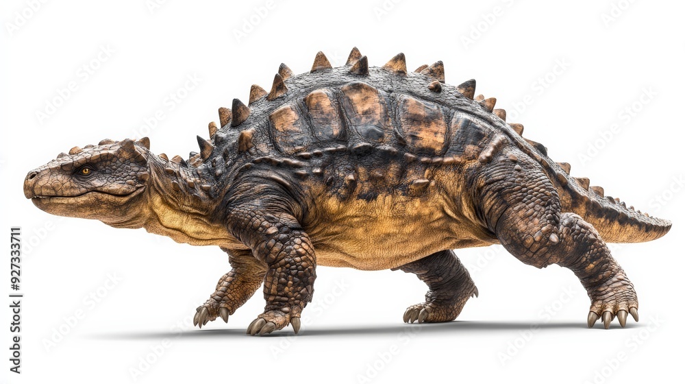 Obraz premium Realistic illustration of an armored, prehistoric dinosaur on a white background, showcasing its spikes and rugged texture.
