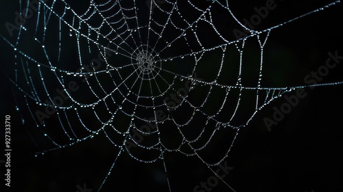 a close-up of a spider web with water droplets on it. The web is illuminated background is black