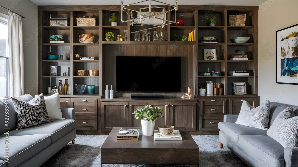 Fototapeta premium A living room with an organized entertainment cent