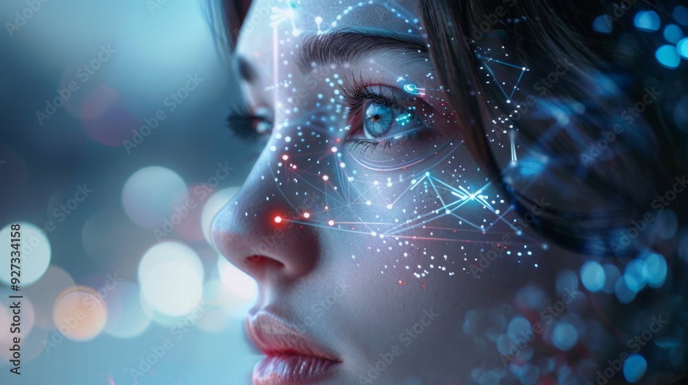 Woman symbolically turning into virtual human, virtual character, or digital clone. AI artificial intelligence. Woman symbolically turning into virtual human, virtual character, or digital clone. AI artificial intelligence.