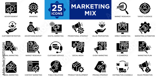 marketing mix, product, promotion, strategy, business, price icon set. Outline icons collection. Simple vector illustration
