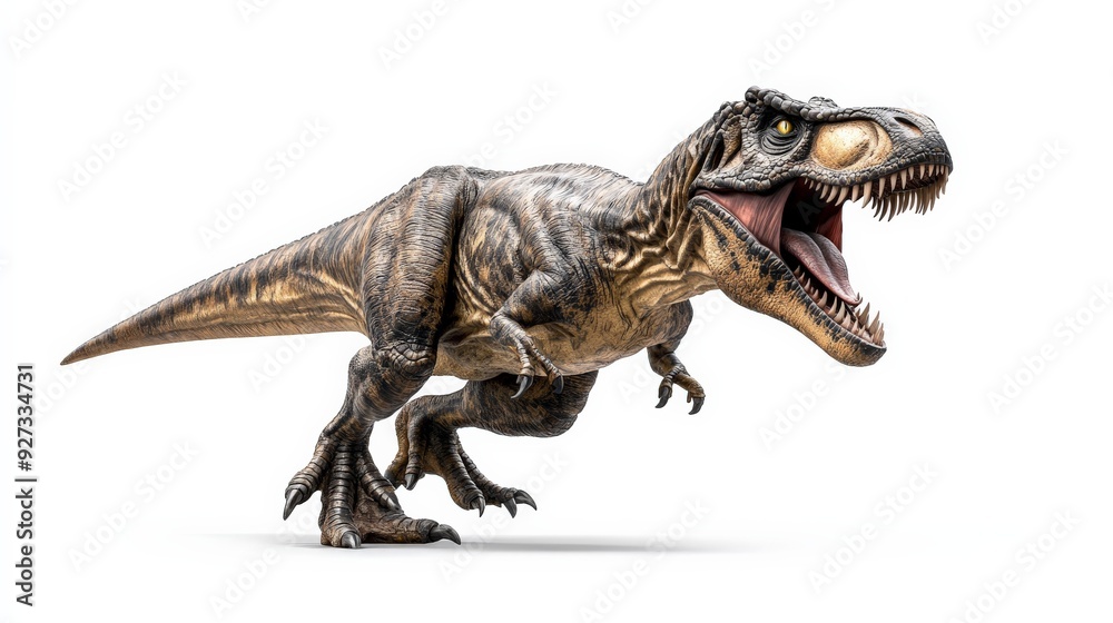 Realistic T-Rex dinosaur model with detailed features, roaring with open mouth. Isolated on white background in a side view. Realistic T-Rex dinosaur model with detailed features, roaring with open mouth. Isolated on white background in a side view.