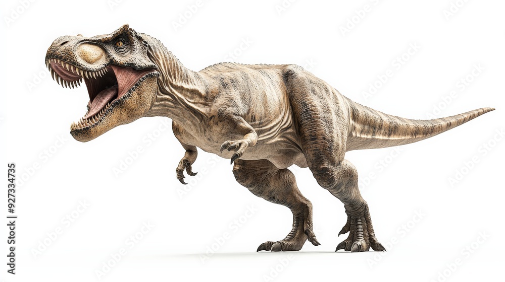 Realistic T-Rex dinosaur roaring in a white background. Perfect for educational content and prehistoric themes. Realistic T-Rex dinosaur roaring in a white background. Perfect for educational content and prehistoric themes.
