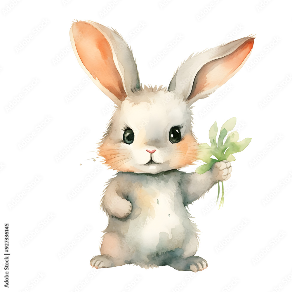 Fototapeta premium Adorable Watercolor of Cute Bunny Holding Carrot on White Background