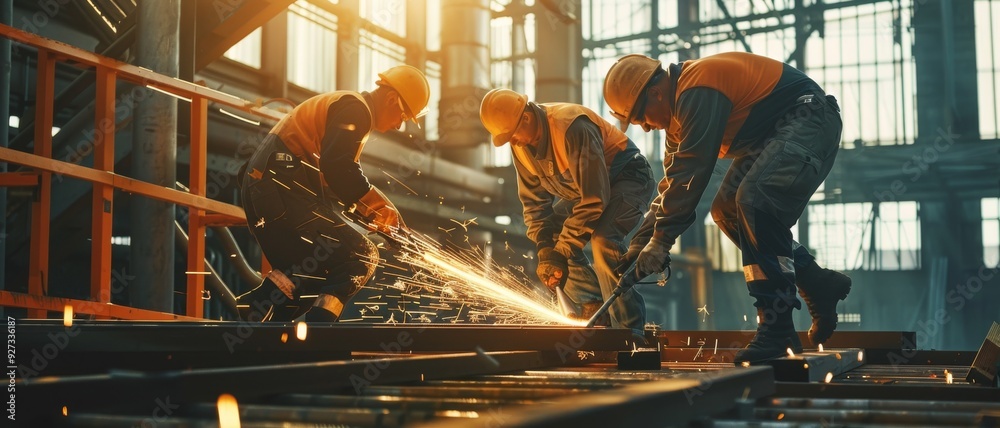 Three workers in safety gear engage in welding tasks on a large steel structure inside a warehouse, with sparks illuminating their collaborative efforts. Three workers in safety gear engage in welding tasks on a large steel structure inside a warehouse, with sparks illuminating their collaborative efforts.