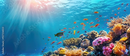 Vibrant tropical fish swimming over colorful coral reef.