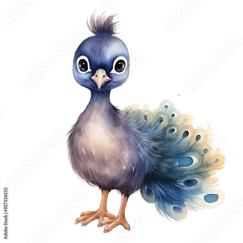 Cute Watercolor Painting of a Baby Peacock with Vibrant Feathers on a White Background