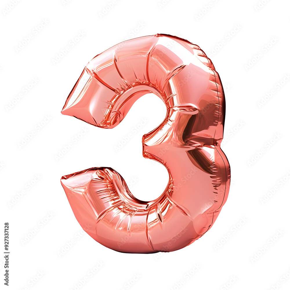 Reflective Rose Gold Inflatable Number 3 Isolated on White Studio Background Reflective Rose Gold Inflatable Number 3 Isolated on White Studio Background