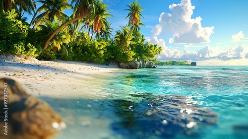 Scenic view photography of a tropical beach, featuring palm trees, crystal-clear water, and white sandy shores, captured with a tilt-shift blur effect photo