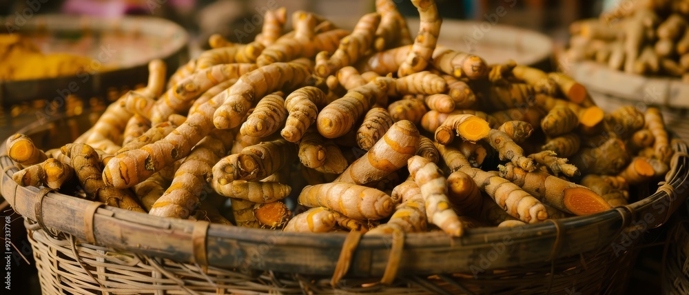 A basket brimming with fresh turmeric roots highlights their vibrant orange hue and rough texture, embodying earthy richness. A basket brimming with fresh turmeric roots highlights their vibrant orange hue and rough texture, embodying earthy richness.