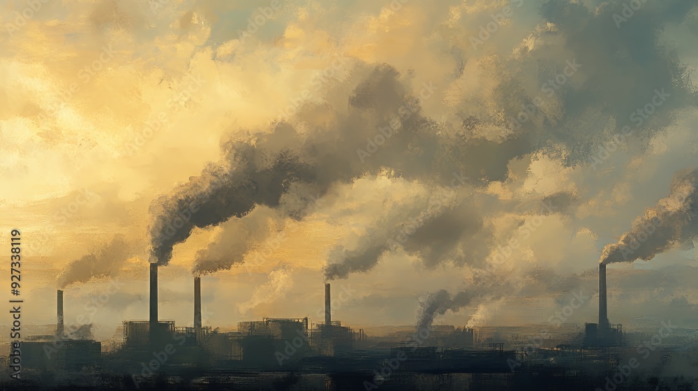 A large industrial plant releases smoke into the air, creating a hazy atmosphere against a backdrop of a golden sunset sky. A large industrial plant releases smoke into the air, creating a hazy atmosphere against a backdrop of a golden sunset sky.