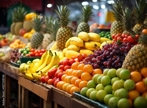 A vibrant display of fresh fruits including bananas, pineapples, and citrus at a market.