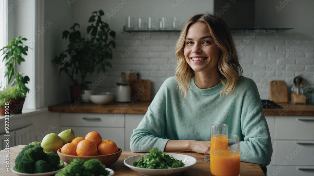 Beautiful happy woman sitting with drinks and healthy green food at home. Vegan meal and detox concept Beautiful happy woman sitting with drinks and healthy green food at home. Vegan meal and detox concept