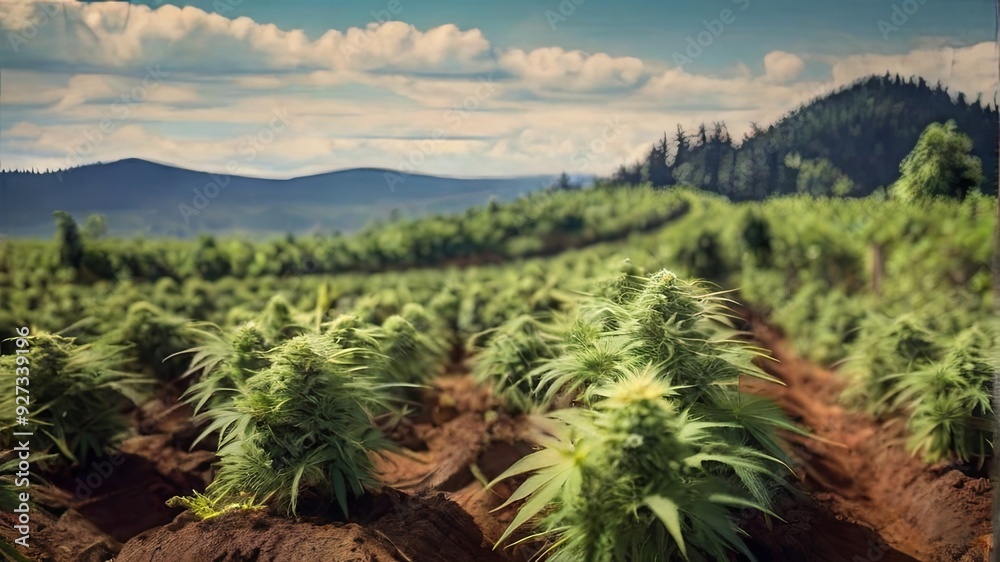Lush cannabis plants grow in rows across a vast field, surrounded by rolling hills and a bright blue sky Lush cannabis plants grow in rows across a vast field, surrounded by rolling hills and a bright blue sky