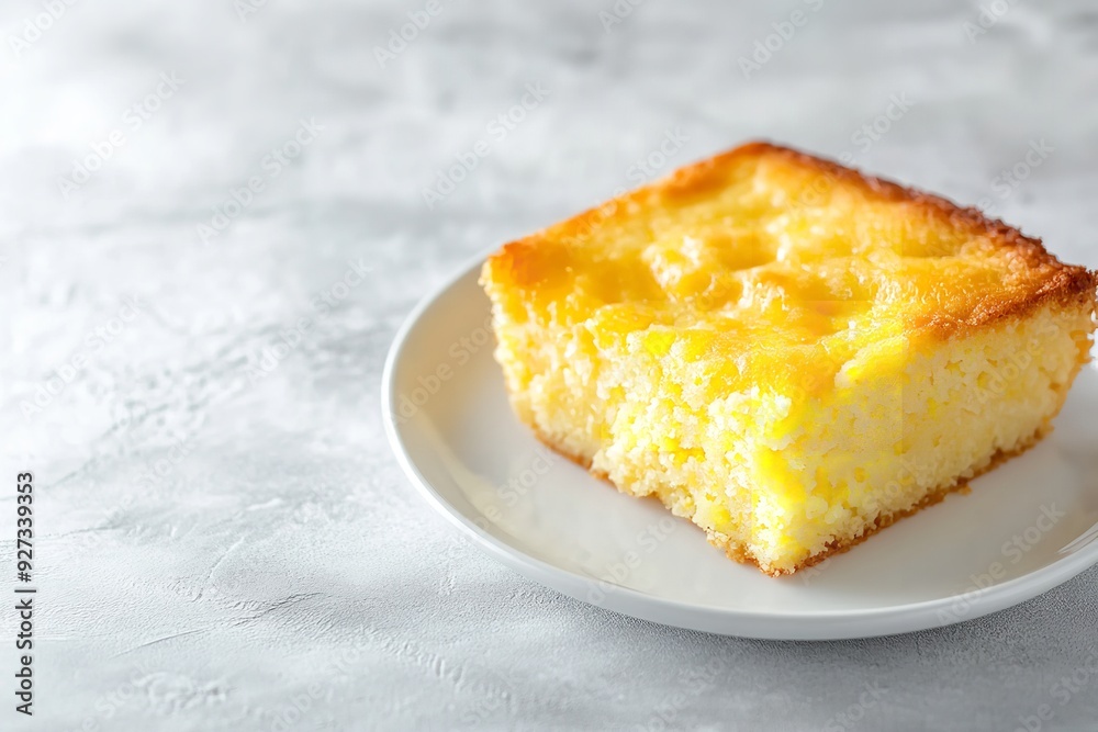 A clean white marble background contrasts with Creamy Cornbread Casserole presented on a spotless small white dish with a big space on it for textual or background use, Generative AI. A clean white marble background contrasts with Creamy Cornbread Casserole presented on a spotless small white dish with a big space on it for textual or background use, Generative AI.