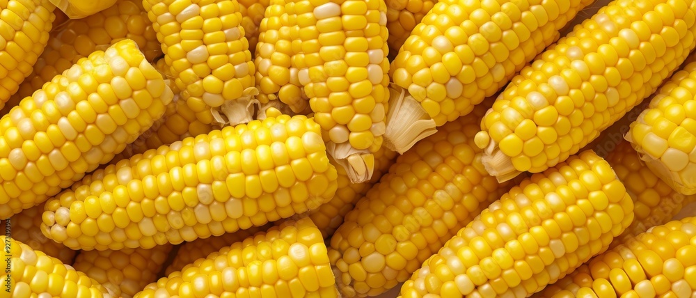 Close-up view of bright yellow corn cobs stacked together, emphasizing their freshness and color. Close-up view of bright yellow corn cobs stacked together, emphasizing their freshness and color.