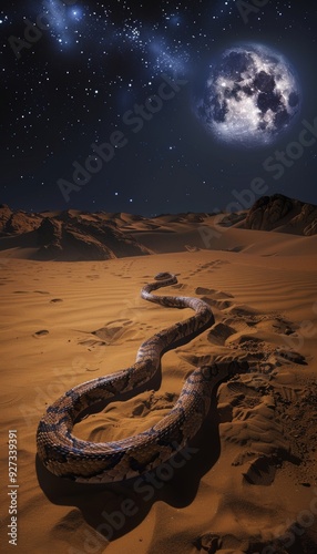 Moonlit desert serpent  a snake sliding through the sands under the shimmering night sky photo