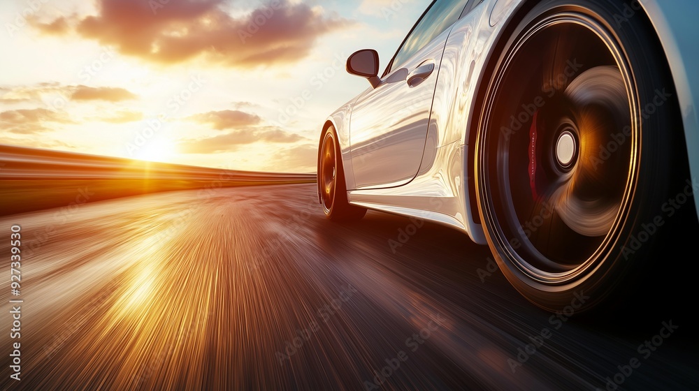 High-Speed Car Driving Along Highway at Sunset with Motion Blur Effect and Vibrant Colors High-Speed Car Driving Along Highway at Sunset with Motion Blur Effect and Vibrant Colors