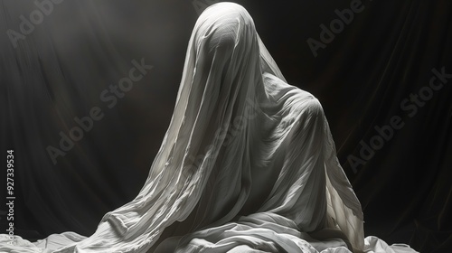 Creepy ghost covered with big sheet sitting on dark background.